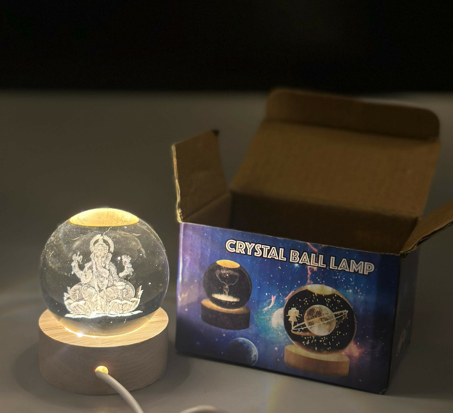 3D Crystal Ganesha LED Night Lamp Crystal Ball Night Lamp,Creative Engraved Crystal Ball Night Light, USB Table LED Wooden Crystal Ball for Home Office Decoration Birthday Gift Adults, Ganesh Ganesha