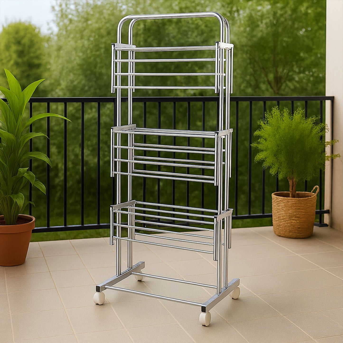 3 Layer Foldable Stainless Steel Cloth Drying Stand with Wheels
