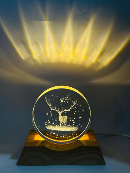 3D Deer Night Lamp with Wooden Base | Laser Engraved Acrylic LED Light with Starry Sky Design | Aesthetic Bedside Lamp for Home Decor, Kids Room, Nature Lovers & Gifting | Warm Ambient Glow Light
