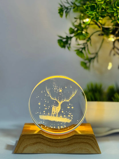 3D Deer Night Lamp with Wooden Base | Laser Engraved Acrylic LED Light with Starry Sky Design | Aesthetic Bedside Lamp for Home Decor, Kids Room, Nature Lovers & Gifting | Warm Ambient Glow Light